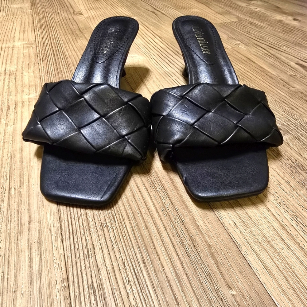 Olivia Miller Black Woven Slide Square Toed Sandals Sz 8